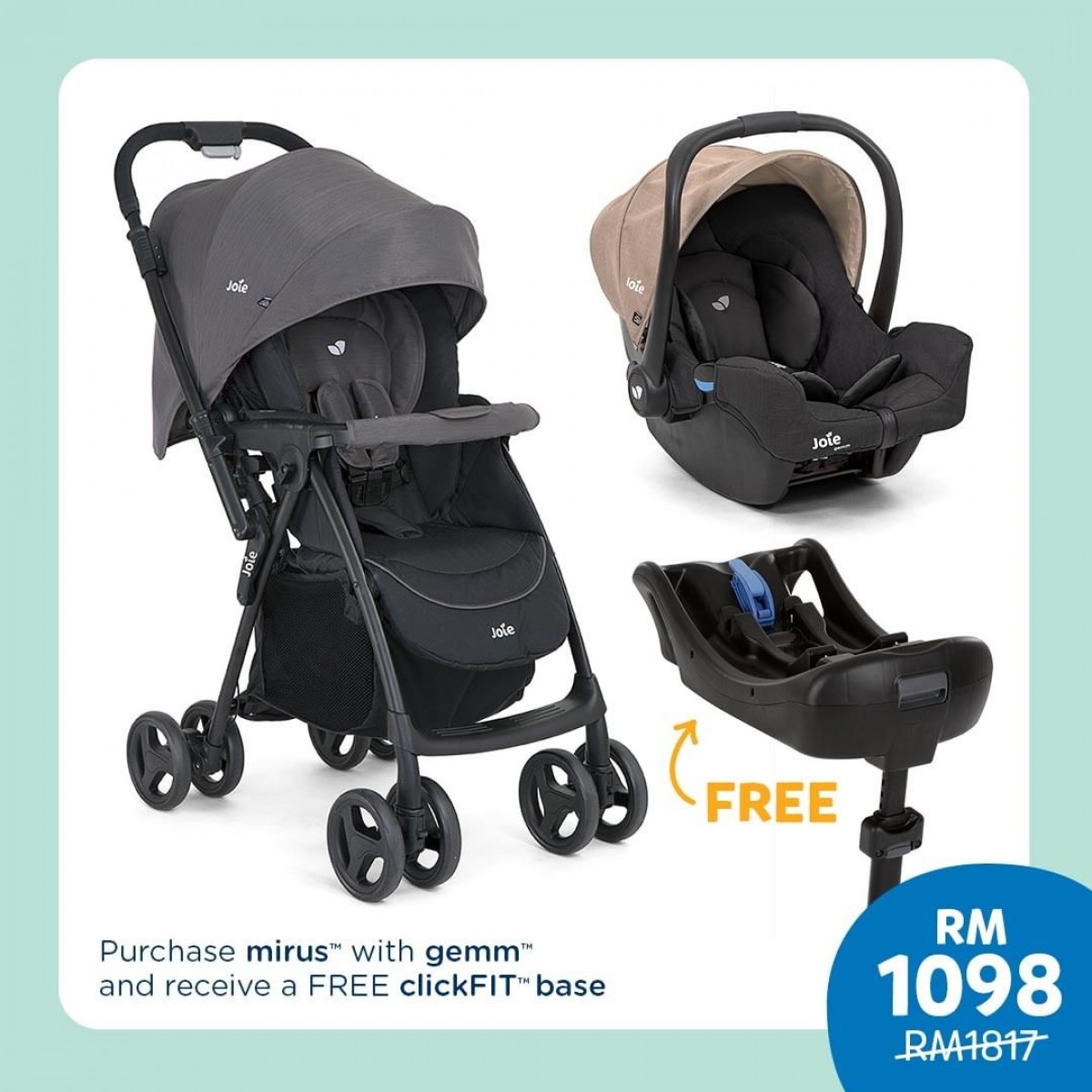 JOIE Mirus Stroller (Birth-17kg) with Rain Cover Lightweight Pushchair That Sits Both Ways | For Newborns & Toddlers