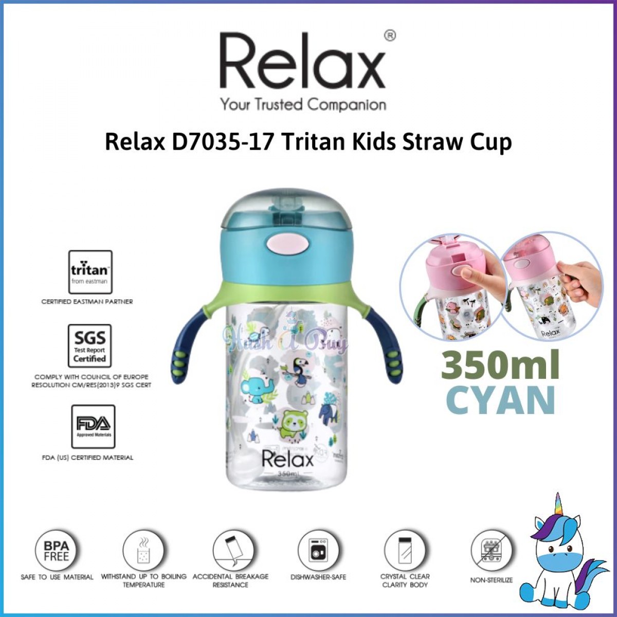 Relax Tritan Kids Straw Cup  with Handle 350ml - Pink/Cyan