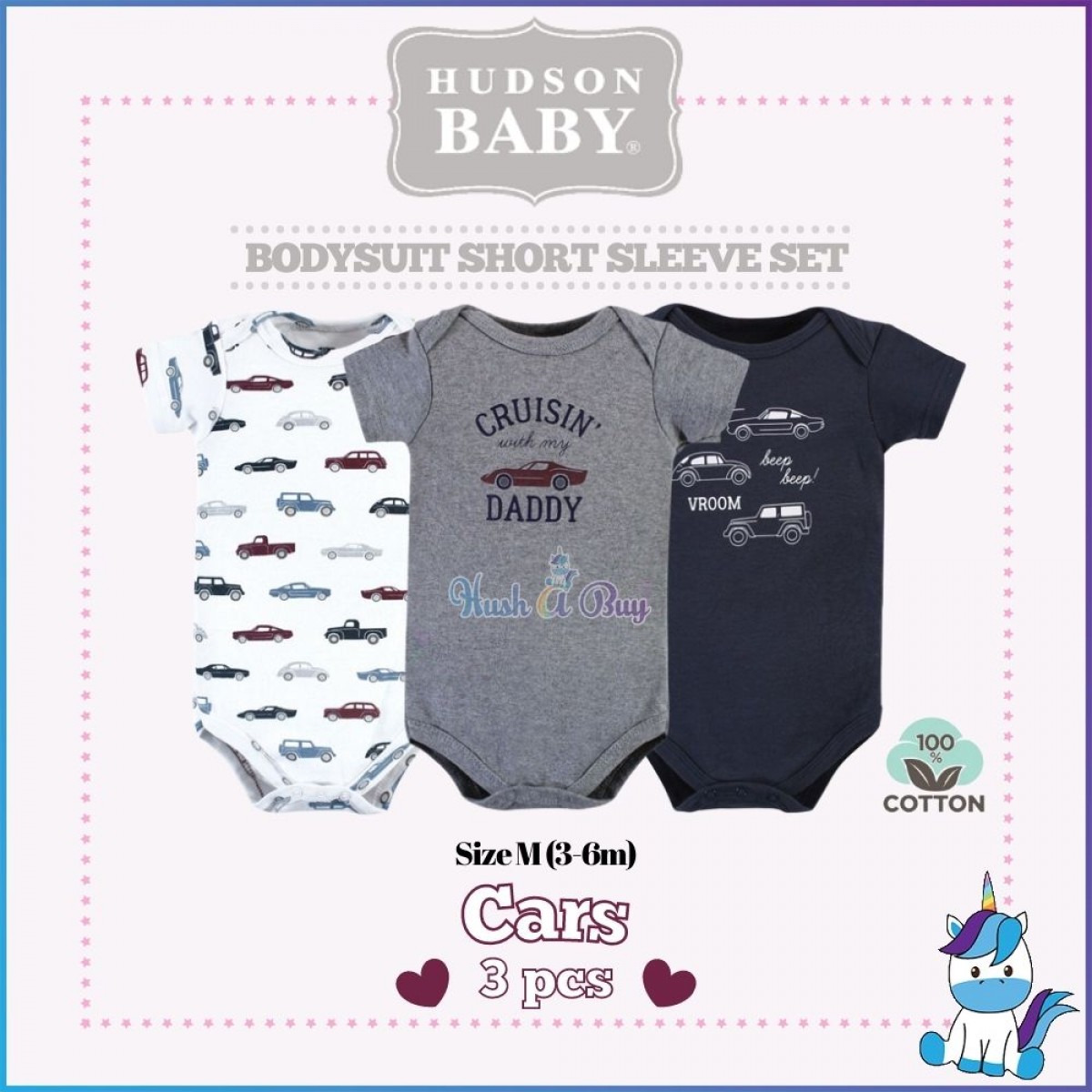 Hudson Baby Bodysuit 3pcs Short Sleeve 3-6m / 6-9m 